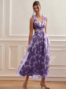 GENKIRA Italian Style Romantic Elegant Sexy Cross Strap Ruffle Hem Cami Design Cutout Waist V-Neck Organza Vibrant Red Floral Print Dress For Valentine's Date, Sleeveless Maxi - Purple - View 3