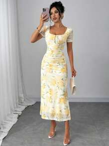 Lyxana 女式优雅黄色花卉印花方领设计前中部蝴蝶结腰部修身中长连衣裙，春夏