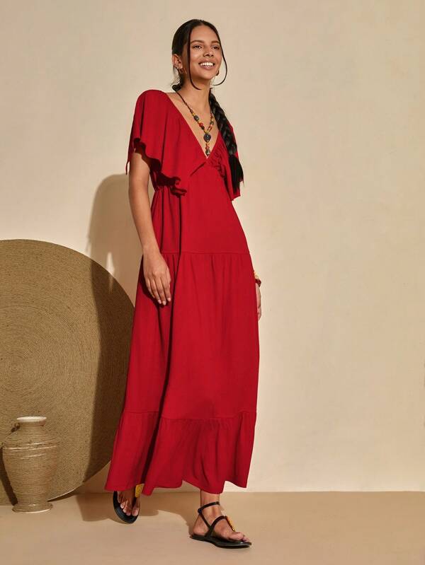 Bóhologie Vestido largo texturizado con escote en V y espalda descubierta, estilo bohemio