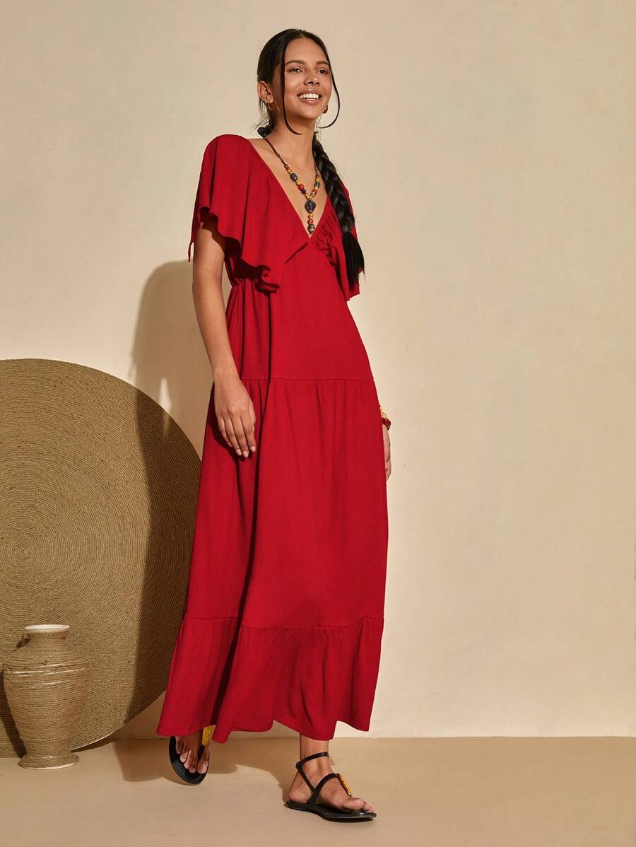 Bóhologie Vestido largo texturizado con escote en V y espalda descubierta, estilo bohemio