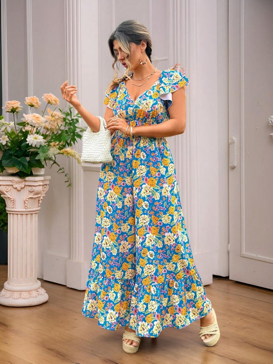 SHEIN LUNE Plus Size Summer Elegant Floral Print Ruffle Trim Wide Leg Jumpsuit Boho Mother Day Vacation Relaxed Outfit - Multicolor - View 1