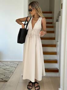 Easowa Old Money Style Apricot Long Dress With Floral Embroidery And Chest Tie, Casual Vacation Dress Suitable For Summer Daily Wear, Outgoing, Vacation, Office, Party Mother's Day Summer - Apricot - View 5