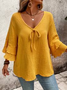 SHEIN LUNE 大码女式休闲宽松纹理黄色喇叭形双层袖衬衫