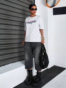 EURMUSE Stile casual, maglietta oversize con ricamo "Nope"