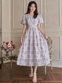 DAZY 1 件女士花卉印花褶皱泡泡袖中长连衣裙 - 粉色 - 查看 1