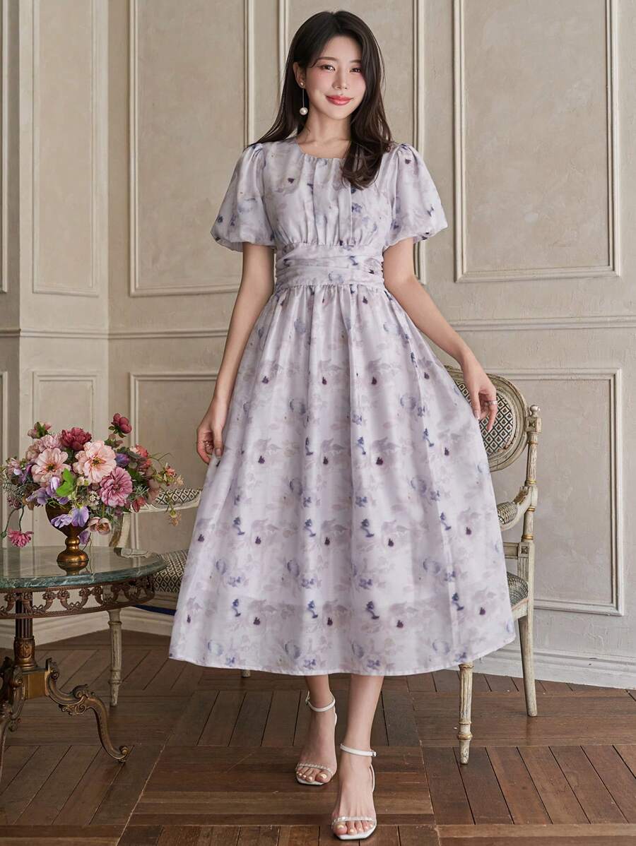 DAZY 1 件女士花卉印花褶皱泡泡袖中长连衣裙 - 粉色 - 查看 1