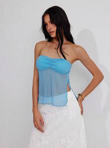 Roylia 女士优雅短款上衣，采用透明网眼亮片侧开衩设计 - 藍色 - 查看 5