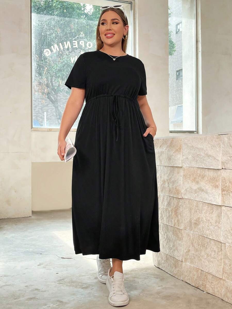 SHEIN Essnce Plus Size Women's New Summer Fashion Casual Solid Color Waist Strap A Hem (With Pockets) Long Short-Sleeved Dress - Black - View 1