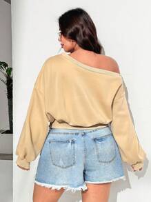 SHEIN EZwear 大码休闲斜肩宽松卫衣 - 卡其色 - 查看 2