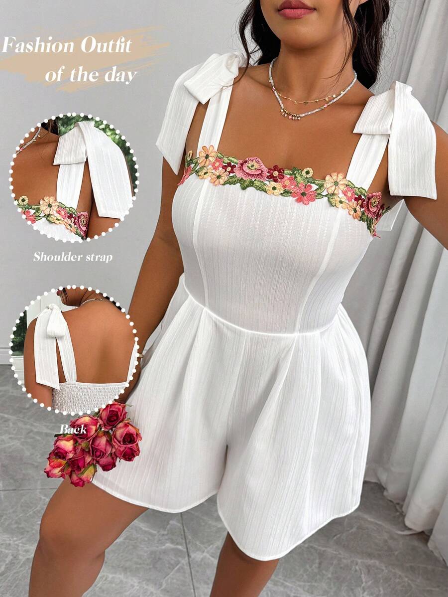 Elenzga Plus Size Women Vacations Style Embroidered Ribbon Tie Shoulder Romper - White - View 1