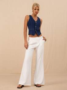 SHEIN Forever 21 夏季女士浪漫/舞会/正式/生日/90 年代/商务休闲女士/优雅/西部装/外出/时尚/休闲/Y2K/俱乐部/办公室/鸡尾酒会/复古/紧身/狂欢节/有趣/优雅/老钱/街头服饰/度假/乡村音乐会/工作/端庄/春假/单身女郎/音乐会/坏人/基本款/毕业/低腰/宽松/直筒/阔腿/裤子 - 白色 - 查看 4