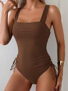 Swim Basics Women's Solid Color Side Tie Strap One-Piece Swimsuit, Vacation Style For Summer - Brown - View 4