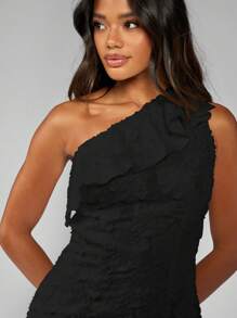 MISSGUIDED Evening Formal Devore One Shoulder Ruffle Maxi Gown Floor Length Elegant Wedding Guest Party Special Occasion Dress - Black - View 5