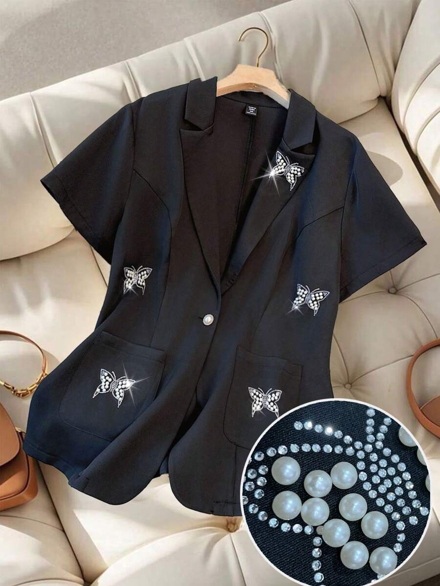 GlowEve CURVE Plus Size Women Butterfly Faux Pearl Lapel Neck Blazer Graduation,Back To School,Teacher - Black - View 1