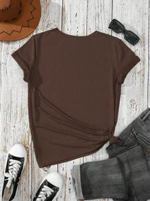 INAWLY 女式字母标语刺绣图案圆领短袖T恤 - 巧克力棕 - 查看 2