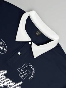 Manfinity Hypemode Plus Size Men's Casual American Letter Print Contrast Color Polo Shirt, Summer