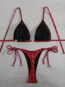 SHEIN Swim Curve 2pcs/Set Plus Size Women Red Animal Floral Print Halter Bikini Set,Beach Outfits For Woman, Summer Holiday, Sexy Swim Suit - Red - View 2