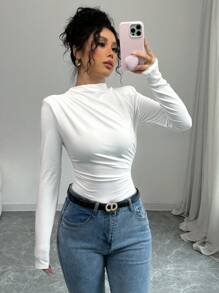 Selianne 性感修身立领收腰垫肩长袖纯白色针织紧身衣女式秋冬 - 白色 - 查看 4