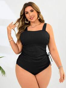 Swim Lushoire 2pcs Plus Size Solid Color Camisole Bikini Tank Top With Adjustable Strap & Ruched Shorts Casual Mature Style Swimsuit, Dress, Summer Outfits For Woman
