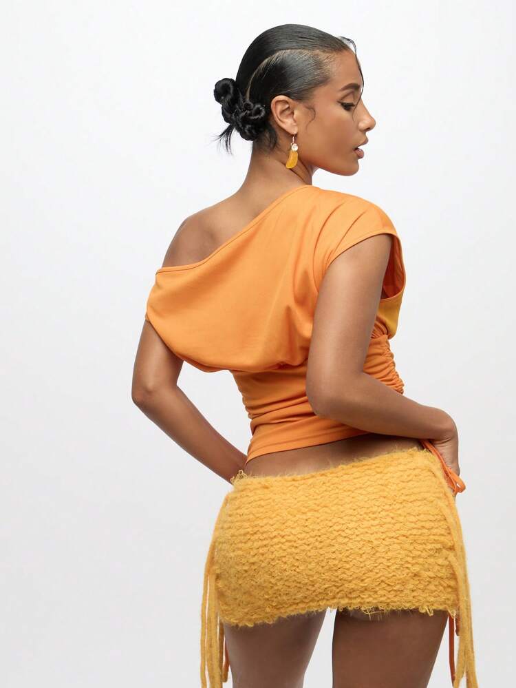 SUMWON WOMEN オフショルダー ギャザー ドローストリング 星柄グラフィックTシャツ ルーズ シャツ フェスティバル コンサート 夏 クロップトップ イブニングパーティー クラブウェア