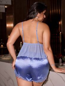SilkySpell Lace Mesh Strap Camisole And Satin Shorts Sexy Lingerie Set - Dusty Blue - View 2