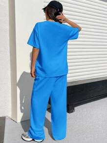 Muchica 女士纹理白色休闲宽松T恤和裤子两件套