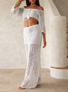 Swim Chiccia 2pcs/Set Summer Holiday Style Hollow Off Shoulder Tassel Bikini Cover Up, Solid Color Maxi Beach Dress - White - View 3