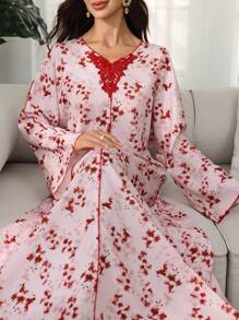 SHEIN Najma 阿拉伯迪拜优雅长袖长袍，花卉印花优雅长袍，适合节日派对，端庄 - 紅色 - 查看 6