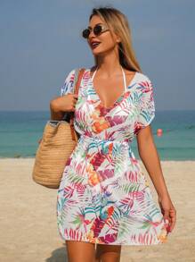 Swim Lushoire Rochie de plajă cu mânecă scurtă, casual, cu imprimeu de plante tropicale, decolteu în V