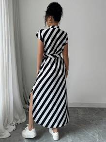 Breezaya 女款黑白条纹休闲特别木扣开衩连衣裙 - 黑與白 - 查看 3