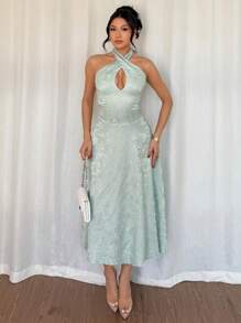 Modelyn Vestido verde menta de línea A con escote de cuello halter y cintura con nudo