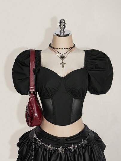 SHEIN ICON Plus Size Black Square Neck Puff Sleeve Shirt, Palace Style Dark Y2K Puff Sleeve Blouse