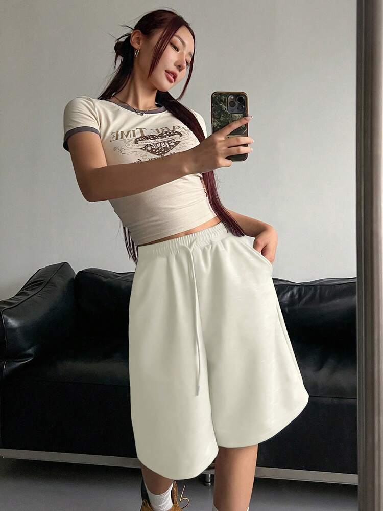 Women's Solid Color Elastic Waist Drawstring Shorts, Fashionable For Summer Sweater Shorts