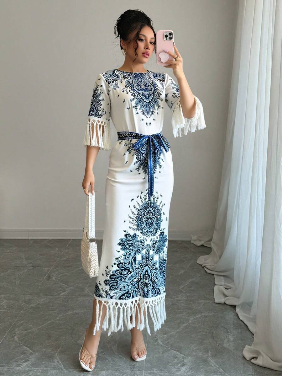 SHEIN Unity Round Neck Side Slit Hem Print Long Dress For Women - Blue - View 1