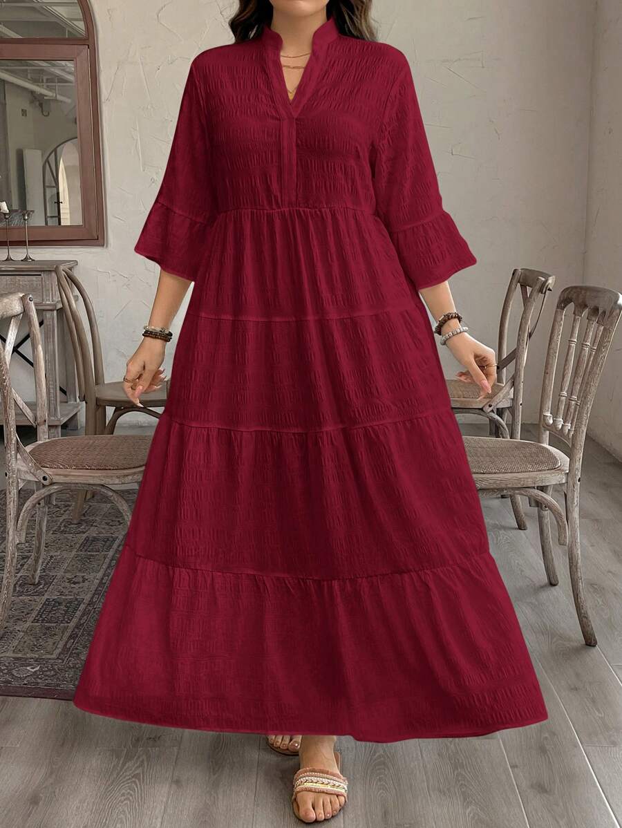 SHEIN LUNE 加大码波西米亚树叶印花多层娃娃裙，休闲度假长裙夏季长裙女士夏季服装圣帕特里克节服装复活节夏季服装女士春季服装海滩圣帕特里克节复活节休闲套装女士优雅超长裙