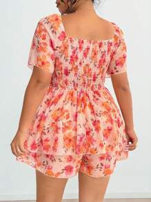Flirla Plus Size Spring/Summer Plus Size Round Neck Chiffon Fashion Elegant Cute Romantic Floral Batwing Sleeve Romper For Beach Holiday - Multicolor - View 2
