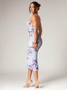 Silquee 紫色优雅大花朵浪漫印花夏季女士美人鱼下摆褶皱弹力网眼紧身连衣裙，适合情人节、约会、派对 - 彩色 - 查看 6