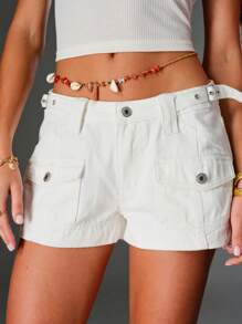 TRNVIE Casual Solid Color Low-Rise Utility Denim Shorts, Summer