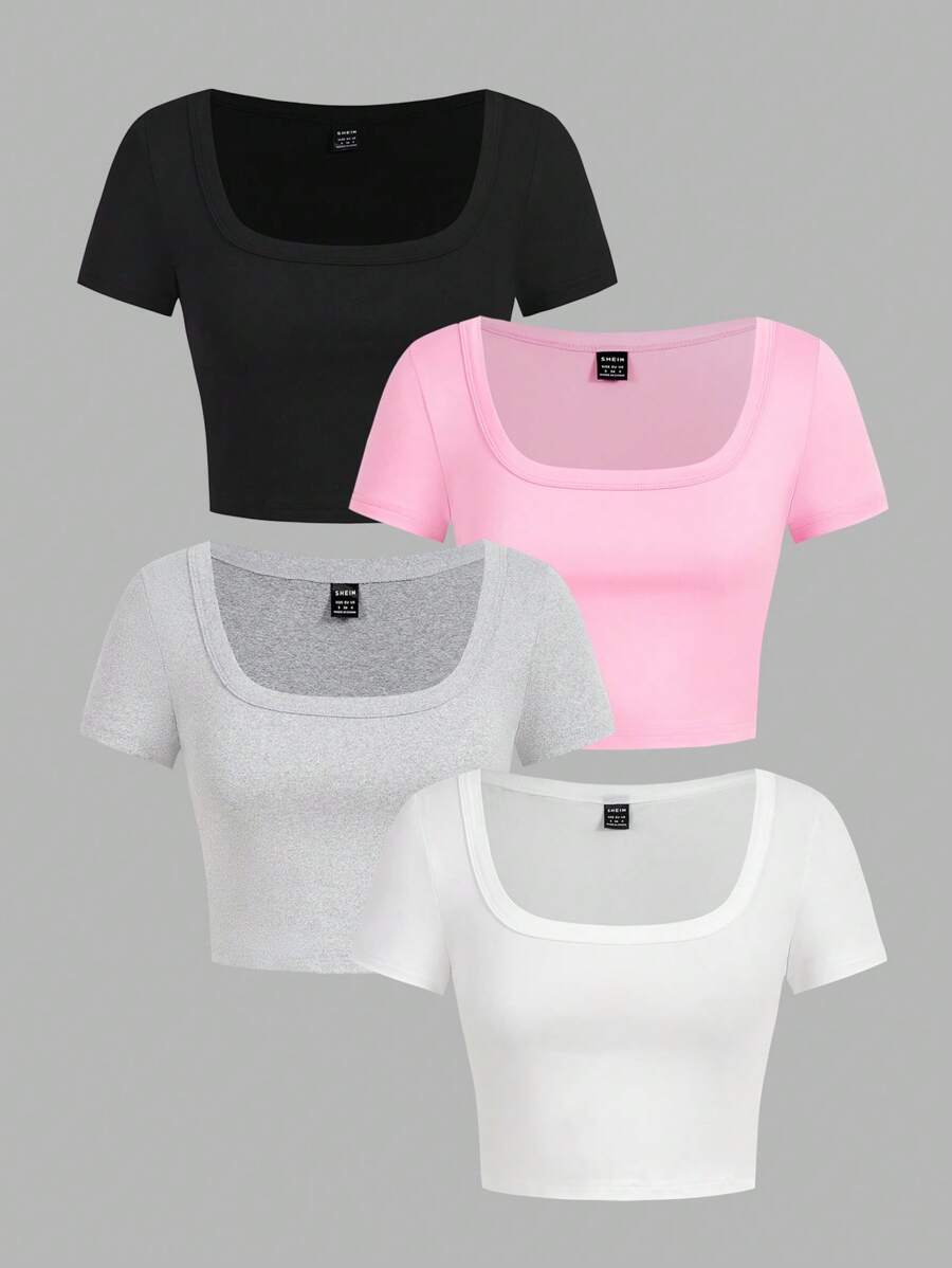 SHEIN Girlism Tween-Mädchen 4-teiliges Slim Fit Lässig Minimal Square Neck T-Shirt, 4 Farben