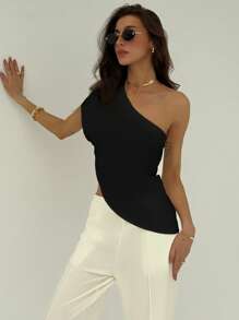 Aloruh 女士纯色不对称下摆露肩袖休闲不对称领口上衣，适合夏季穿着，黑色，适合夏季度假穿着。 - 黑色 - 查看 6