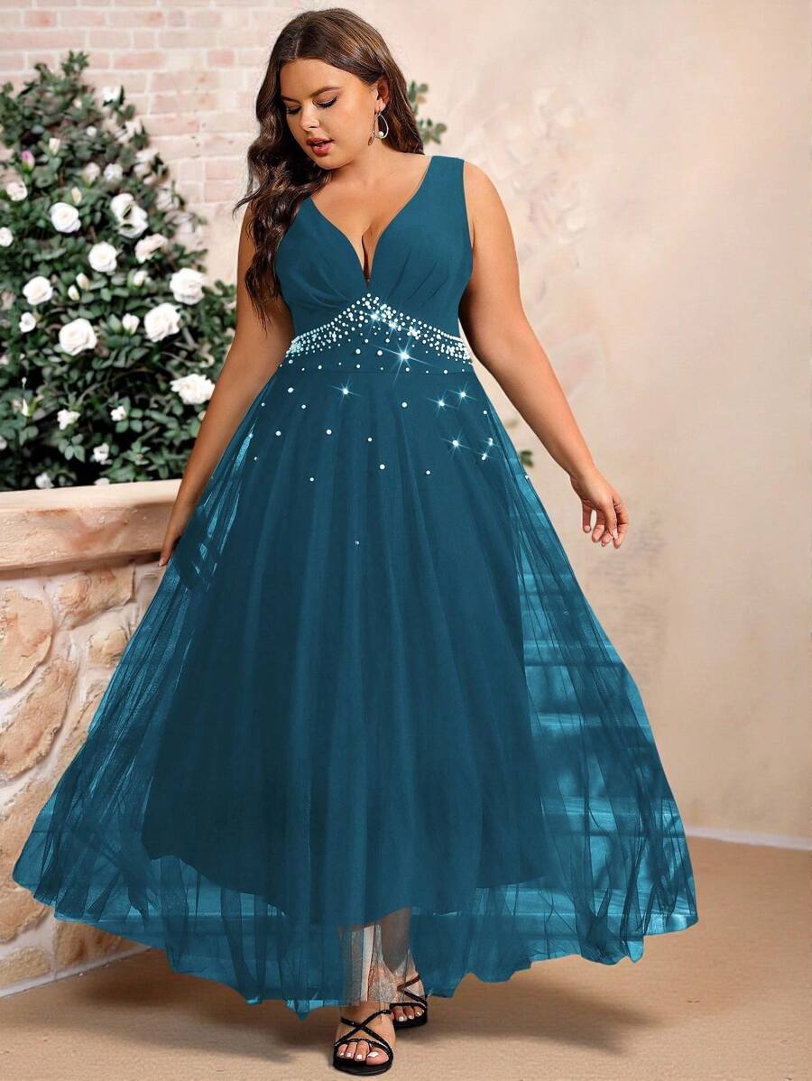 Allurite 大码女式仿珍珠装饰无袖网眼下摆拼接优雅婚纱