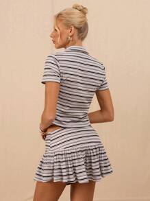 SHEIN Forever 21 Women Striped Polo Collar Short Sleeve Cropped Casual T-Shirt