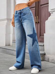 SHEIN Essnce Quần Jeans Ống Rộng Ống Thẳng Màu Xanh Bạc Hà Thường Ngày Đa Năng Cho Nữ - Rửa trung bình - Xem 5
