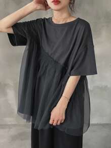FRIFUL Women's Round Neck Mesh Patchwork Loose Short Sleeve T-Shirt Summer - Grey - View 4