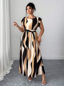 Vestido midi de verano casual para vacaciones de mujer talla grande, cuello redondo, mangas de campana, con rayas onduladas y cintura anudada - Multicolor - Ver 6