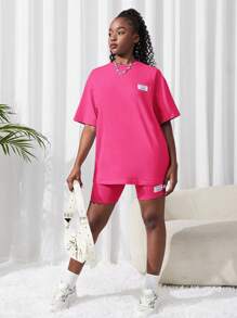 SHEIN 2pcs/Set Teen Girl Knitted Solid Color T-Shirt And Shorts Set, Mauve - Hot Pink - View 4