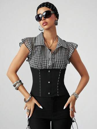 ROMWE Avant Y2K Style Vintage Plaid Patchwork Cinched Waist Ruffle Sleeve Women Shirt