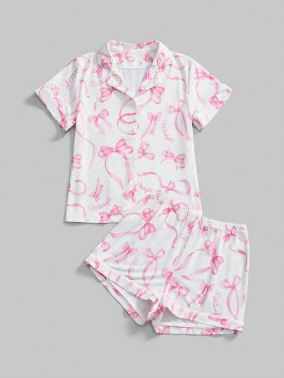 Kawaii Cute Bow Print Turndown Collar Short Sleeve & Shorts 2-Piece Casual Sleepwear Sets For Women, Summer