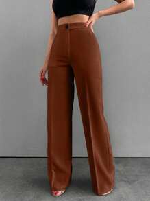 EURMUSE High Waist Straight Leg Solid Color Casual/Office Pants - Brown - View 3