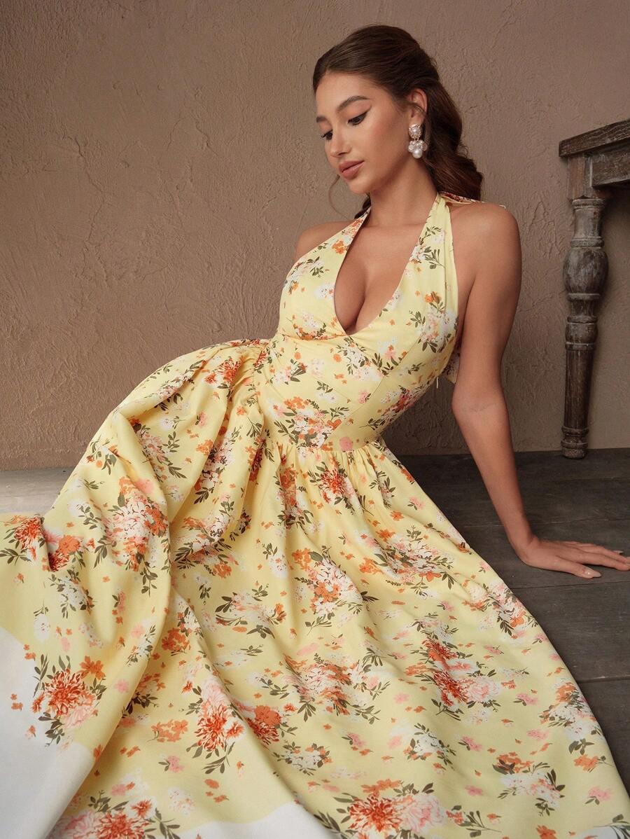SHEIN Unity 优雅浪漫图案 V 领露背系带长裙，巴斯克腰部细节，适合约会、派对、春夏季 - 黃色 - 查看 1
